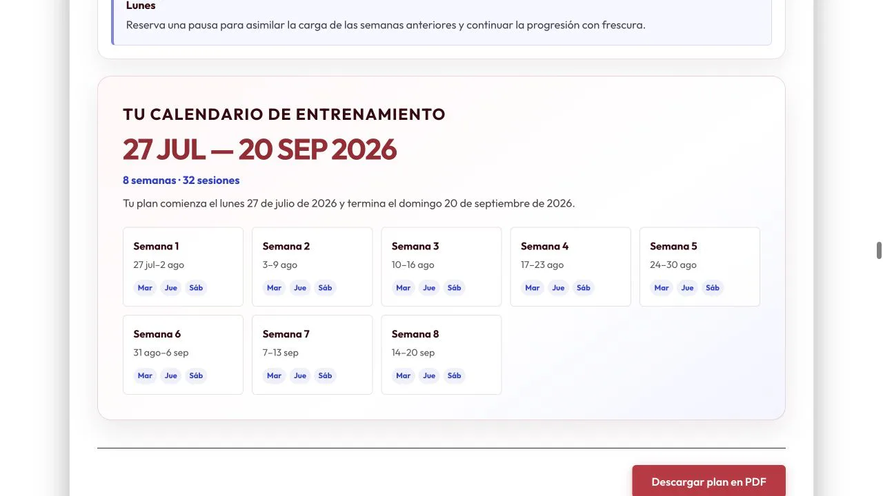 Calendario real de ocho semanas con fechas y días de entrenamiento