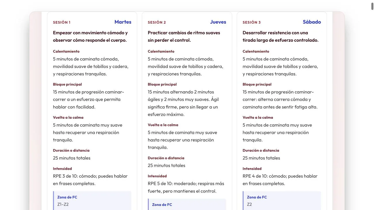 Sesiones reales del plan con calentamiento, bloque principal, vuelta a la calma y RPE